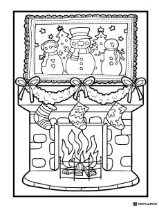 Fireplace Coloring Page with Stockings and Snowman Picture