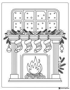Fireplace Coloring Page with Stockings and Window Garland