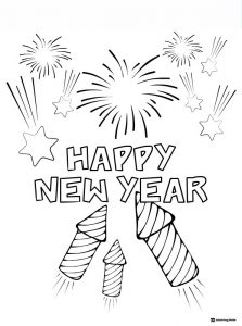 Firework Coloring Sheet with Rockets and Happy New Year Text