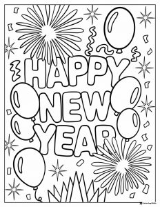 Fireworks and Balloons Happy New Year Coloring Sheet