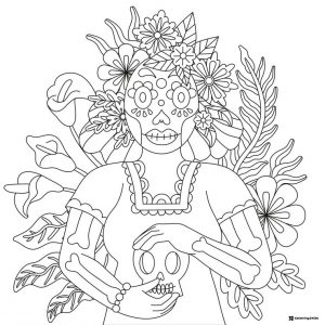 Floral Skeleton Woman Coloring Page Holding a Skull Mask