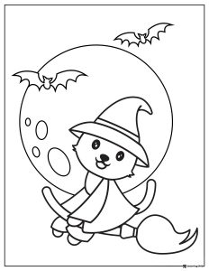 Flying Witch Cat Coloring Page with Full Moon and Bats