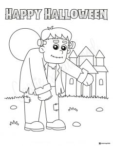 Frankenstein Coloring Page with Castle and Happy Halloween Text