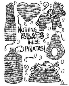 Funny Pinatas Coloring Page with Confetti and Bold Typography