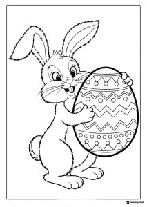 Fuzzy Bunny Coloring Page Holding a Big Decorated Egg