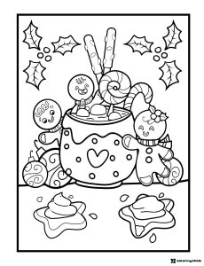 Gingerbread Friends Coloring Page with Candy and Hot Chocolate Mug
