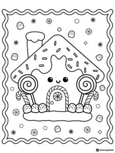 Gingerbread House Coloring Page with Candy and Smiling Face