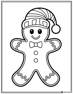 Gingerbread Man Coloring Page with Santa Hat and Bowtie