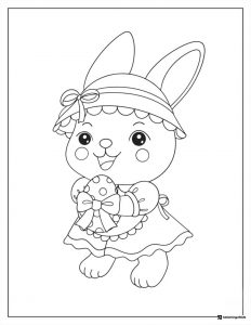 Girl Bunny Coloring Page Holding a Spotted Easter Egg