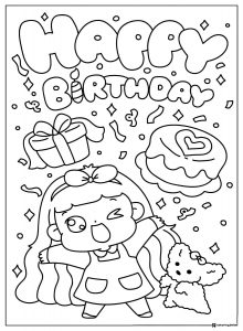 Girl and Puppy Birthday Coloring Page with Cake and Confetti