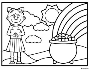 Girl with Shamrock and Pot of Gold Coloring Sheet with Rainbow