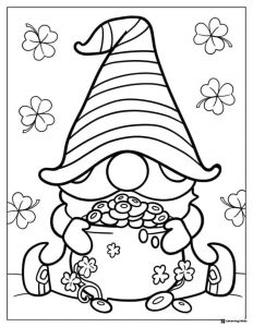 Gnome with Gold Pot Coloring Page with Shamrocks Around