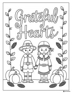 Grateful Hearts Coloring Sheet with Pilgrim and Native Kids