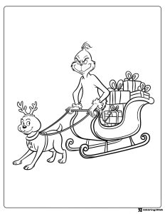 Grinch Sleigh Coloring Page with Max and Wrapped Presents
