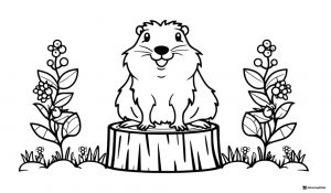 Groundhog Coloring Page on Tree Stump with Flowers