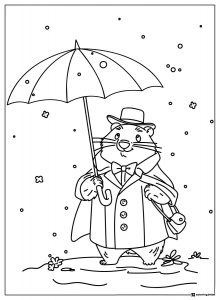 Groundhog Coloring Page with Umbrella and Falling Snow