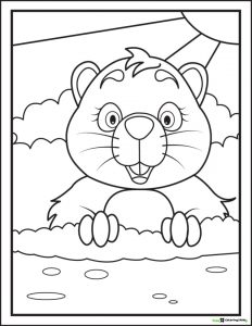 Groundhog Day Coloring Page with Sunrise and Sitting Groundhog