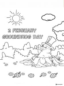 Groundhog Day Coloring Page with Top Hat and Flowers