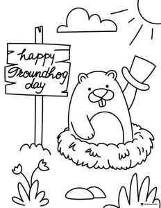 Groundhog Day Coloring Page with Top Hat and Signpost