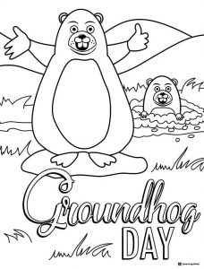 Groundhog Day Coloring Page with Two Happy Groundhogs