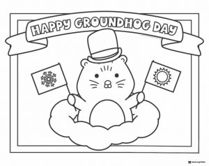 Groundhog Day Coloring Sheet with Flags and Top Hat Banner