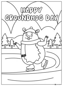 Groundhog Day Coloring Sheet with Ice Skating Scene