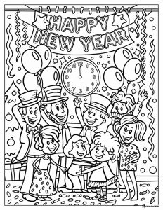 Group Celebration Happy New Year Coloring Page with Sparklers