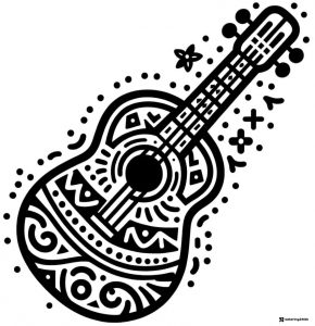 Guitar Coloring Page with Intricate Folk Inspired Patterns