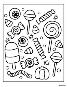 Halloween Candy Coloring Sheet with Lollipops and Eyeballs