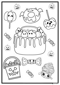 Halloween Dessert Coloring Page with Cute Ghost Toppings