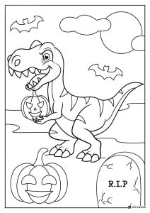 Halloween Dinosaur Coloring Page with Pumpkins and Bats