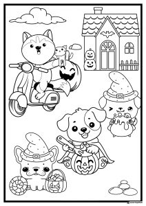 Halloween Pets Coloring Page with Candy and Witch Hats