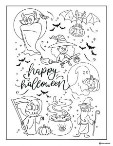 Halloween Scene Coloring Sheet with Witch Ghost and Bat