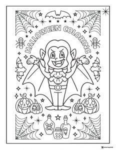 Halloween Vampire Coloring Page with Pumpkins and Potions