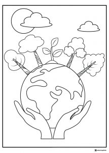 Hands Holding Earth Coloring Page with Trees and Clouds