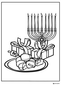 Hanukkah Coloring Page with Menorah Gifts and Jelly Donuts