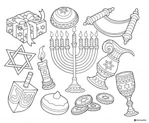 Hanukkah Coloring Page with Menorah and Jewish Symbols