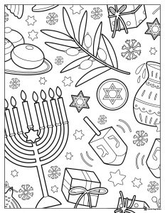 Hanukkah Elements Coloring Page with Olive Branch and Gelt