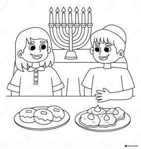 Hanukkah Feast Coloring Page with Kids Menorah and Treats