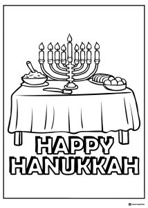 Hanukkah Feast Table Coloring Page with Menorah and Dishes