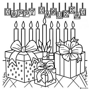 Hanukkah Gift and Candle Coloring Page with Hanging Letters