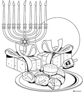 Hanukkah Gift and Food Coloring Page with Menorah and Doughnuts