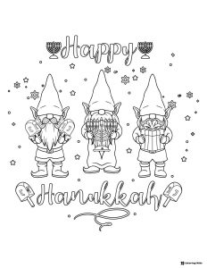 Hanukkah Gnomes Coloring Page with Menorah and Dreidels