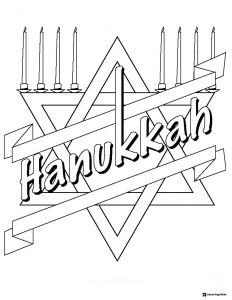 Hanukkah Star Coloring Page with Menorah and Ribbon Banner