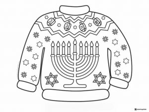 Hanukkah Sweater Coloring Sheet with Menorah and Dreidels