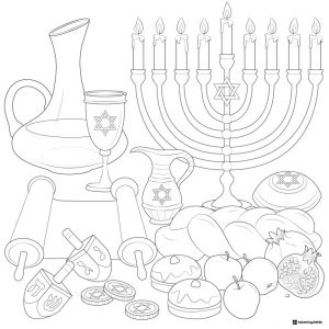 Hanukkah Table Coloring Page with Menorah Dreidels and Food