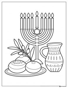 Hanukkah Table Coloring Sheet with Menorah Food and Jug
