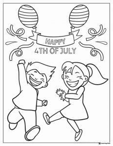 Happy 4th of July Coloring Page with Kids and Balloons