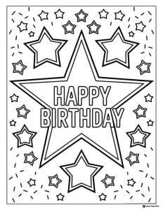 Happy Birthday Coloring Page with Stars and Confetti