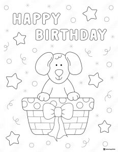 Happy Birthday Coloring Sheet with Puppy in Gift Basket